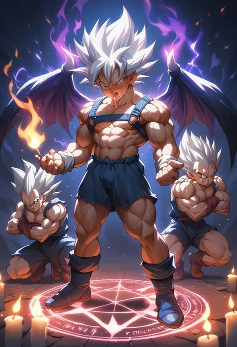 Huge muscles,Crying face,Lots of drool and sweat,Harness,Young face,teenager face,Huge erect penis,Full body image,Young body,Muscular legs,Wearing boots,Large, toned muscles,Goku,super saiyan,Imminent sexual activity,Demon body, wings and horns,Shaking vi...