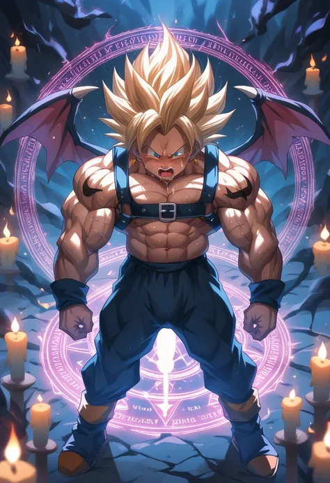 Huge muscles,Crying face,Lots of drool and sweat,Harness,Young face,teenager face,Huge erect penis,Full body image,Young body,Muscular legs,Wearing boots,Large, toned muscles,Goku,super saiyan,Imminent sexual activity,Demon body, wings and horns,Shaking vi...