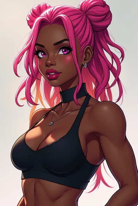 Create a black girl with pink and blonde dreadlocks and a toned body wearing a black anime style crop top