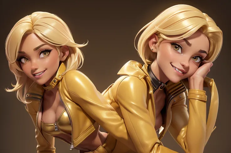 obra prima, melhor qualidade, ((only one woman,)) ((pixie lott, dark tan skin, blonde bob hair, heavy makeup eye shadow, sweet toothy smile,)) (((wearing thigh length dark yellow metallic leather jacket,))) (((jacket is zipped up, jacket covers waist and a...