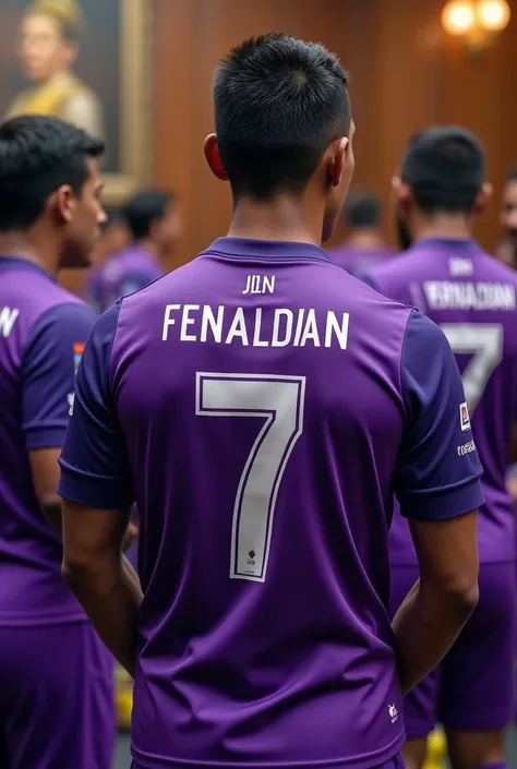 
Ecuadorian assembly members wearing a purple CR7 soccer uniform with the word ADN on the shirt and the number 7 on the back and it says Ferdinan below. 