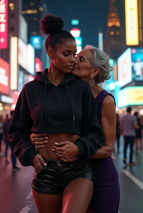 black woman hair in a bun black hoodie black leather short shorts old ugly woman standing behind her up against her wearing a dress with her arms around her waist kissing her neck           time square new york city