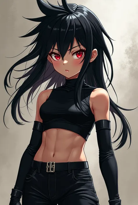 Child girl anime with the long hair color black is spiky behind and eyes red,her clothes is black  she have personality agressive,and physical athletic,no breast she have white skin INTJ 8w7 