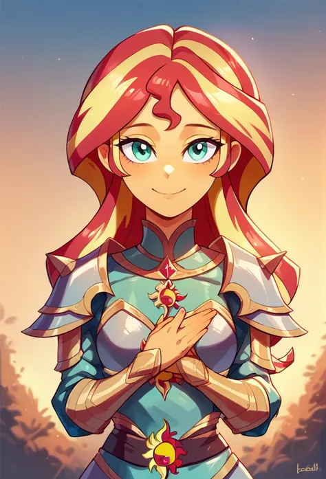 sunset shimmer de equestria girls, looking at the viewer, sunset, pretty eyes, beautiful face, small breasts, medieval armor, fu...