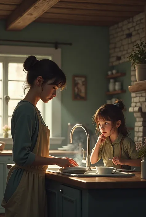 Create an image of a girl in a country house looking at her mother washing the dishes and the image of the mother is of sadness