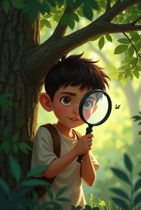 A boy, searching with a magnifying glass, for butterfly in the tree