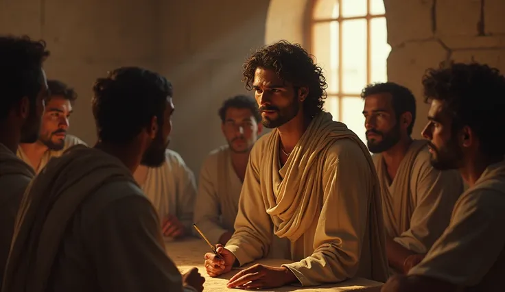 Joseph of Egypt interpreting the dreams of his fellow prisoners, with an expression of intelligence and confidence. The background is a softly lit cell, and the faces of the companions show admiration.