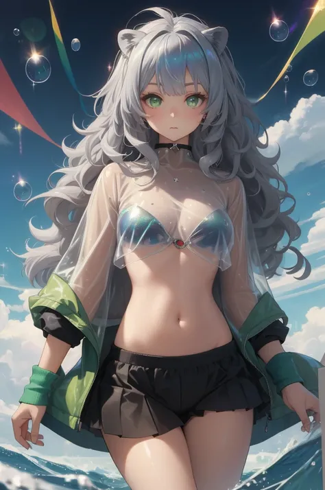 (Highest quality,masterpiece,Esoteric,Super Resolution),Bubble Tech,sf,transparent,Iridescent,See through,inflation,One person,,Gray Hair,Wavy Hair,開stomachた額,Green Eyes,瞳孔が狭stomach,Lion&#39;s Ears,white Lion&#39;s Ears,Lion&#39;s Tail,Tropical Garden,Flow...