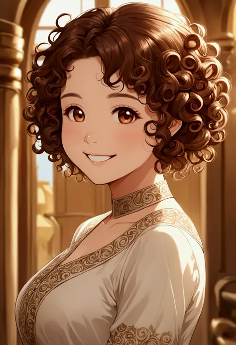 Woman, short-hair, curlies, brown, good body, rounded face, smile cute, detaileds, well done, harmonious