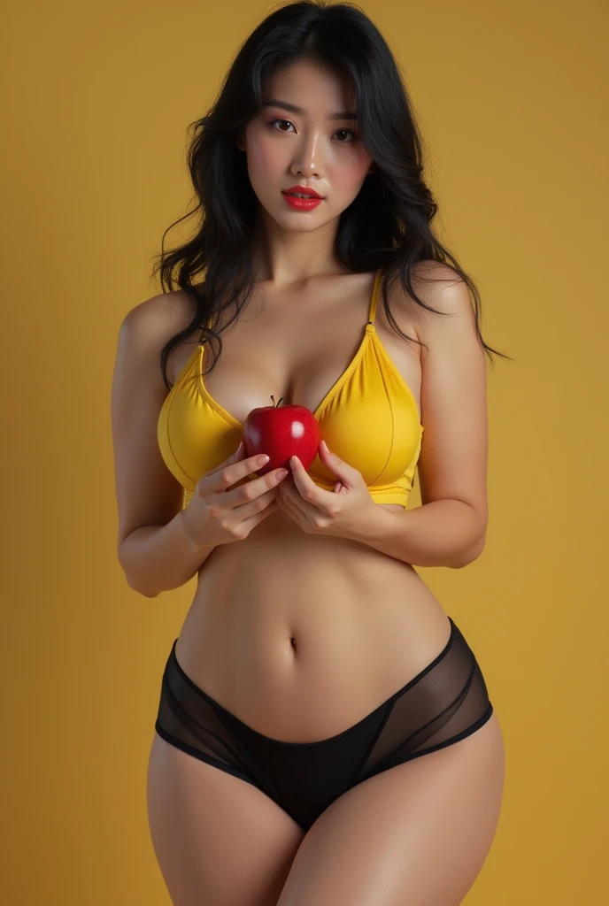 Photorealism Chinese woman with big breasts in yellow bra and black panties standing with an apple in the middle of her breasts 