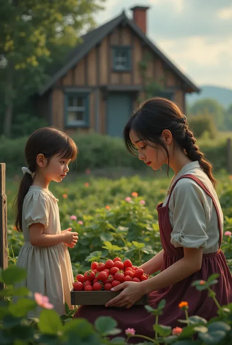 Create an image of a girl in a country house looking at her mother picking strawberries and the image of the mother is of sadness