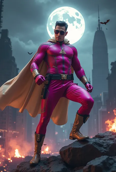 high-tech suit, vivid effects, malaysian superhero (KELUANG MAN) in a striking pink and beige costume cyberpunk design, mask small mini bat ear beige, daredevil biage mask, jumpsuit dark pink stands confidently in a dramatic.jumping from high place. Fighti...