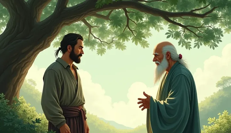 The farmer, looking weary, encounters a serene sage dressed in traditional robes. They are standing under a large, shady tree. The sage, with a gentle smile, is giving advice to the farmer, who is listening intently.