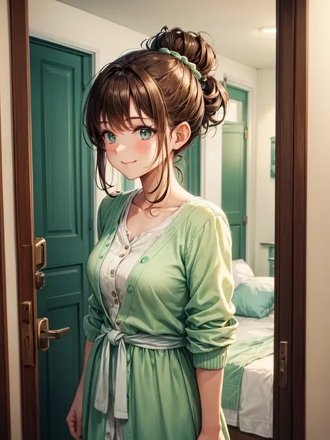 A woman with brown hair tied in a messy bun, wearing a mint green dress, covered with a short cream cardigan above the waist, standing in front of the bedroom door, smiling softly.