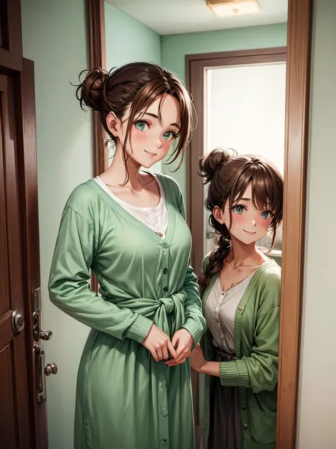 A woman with brown hair tied in a messy bun, wearing a mint green dress, covered with a short cream cardigan above the waist, standing in front of the bedroom door, smiling softly.