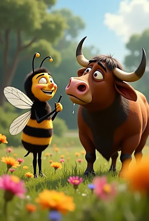 Draw Barry from the Bee movie laughing and pointing his finger at Ferdinand the Bull&#39;s face, crying a lot.