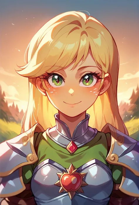 Apple jack de Equestria Girls, looking at the viewer, Sunset, pretty eyes, beautiful face, small breasts, medieval armor, Full armor, with a dragon in the background, beautiful smile, armor covering the entire body , armor covering the entire body, facing ...