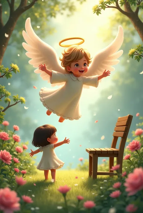 A  boy angel with pant flying to play, with  girl toddler with square cut hair who stand and lean with arm wide open on the bench in flowery garden, white morning