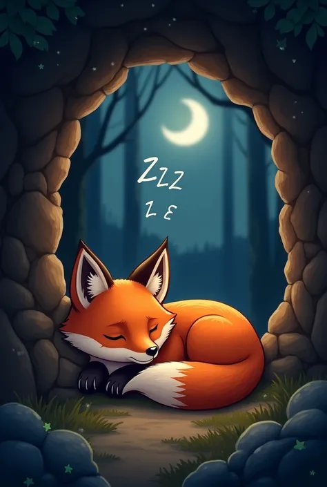 A red fox sleeps in a cave,Expression full of sleepiness,There is a ZZZ symbol on the head,Cute realistic style,Background night forest