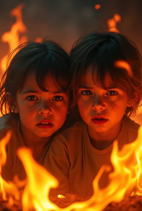 Une image effrayante dans lequel  deux enfants pleurent dans le feu de lenfer  le feu embrasse leur tête totalement 