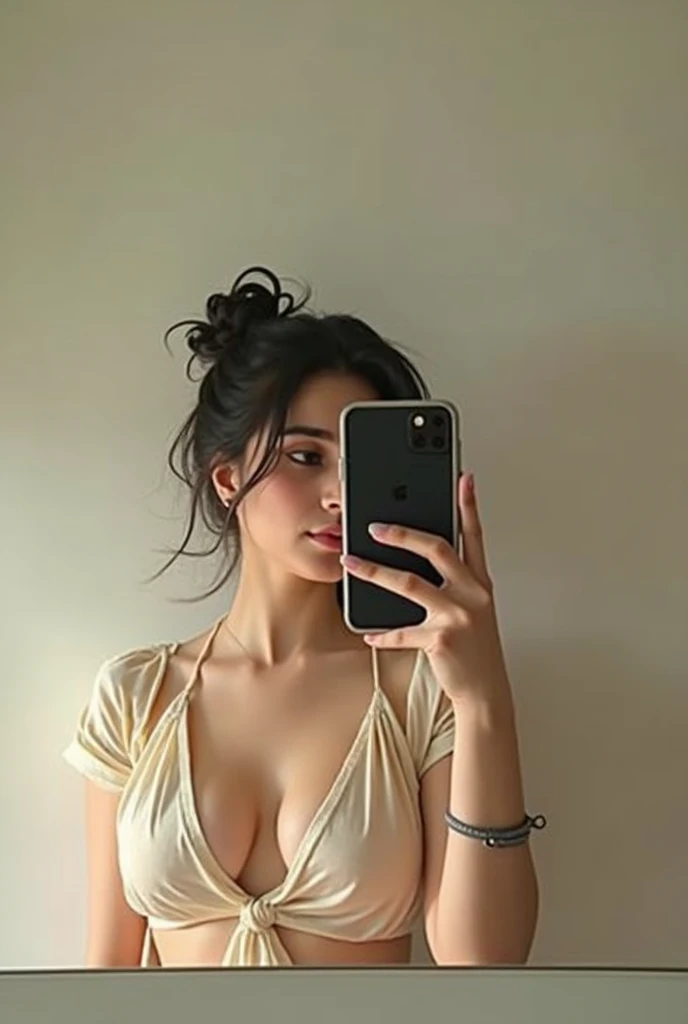 20 years old cute indian girl , long hair ,big boobs , deep cleavage , wearing black shorts dress , sexy butt , cute navel , taking mirror selfie 