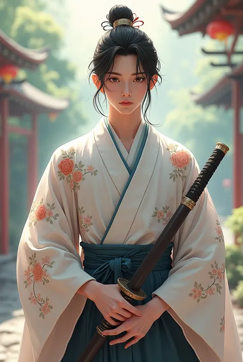 Akai a young man having sword and wearing kimoni cute and beautiful 