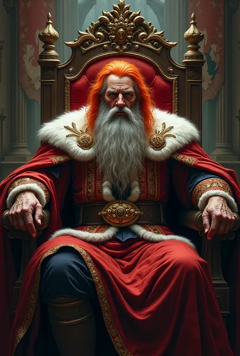 an old, ragil king with red hair sitting on his throne 