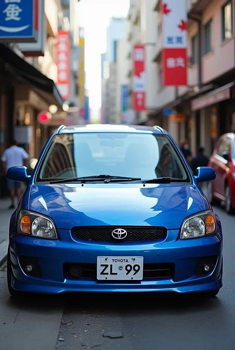 A 1999 toyota starlet glanza V with airflow in the color bleu and plate number ( 2793 ZL 99 )