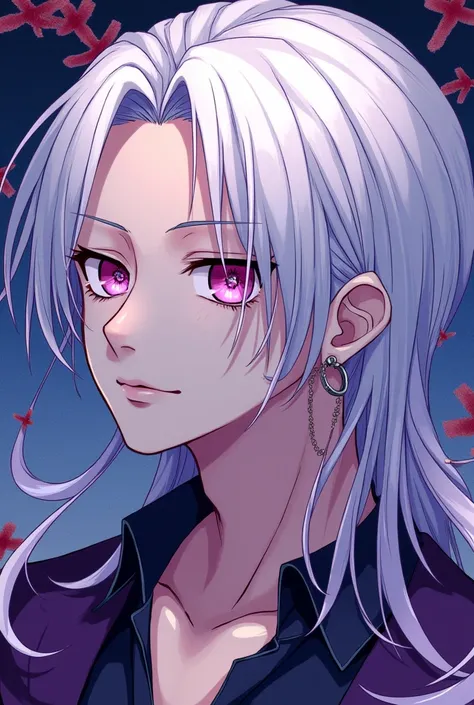 A BOY MALE GENDER,white hair,pink eyes,white eyelashes and eyebrows,with a calm, relaxed and calm expression,light skin tone,very beautiful,straight but long hair and violet highlights,that his appearance is more masculine and that he has two silver hoops ...