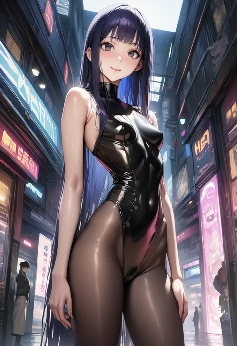 ((masterpiece,best quality anime,Highest quality:1.3)),realistic,cowboy shot,1woman,独奏,(30 year old beauty),((very small head:1.4)),((very long body:1.4)),(dark blue hair),straight long hair,(gorgeous big eyes),black eyes,smile,((slender body:1.4,skinny)),...