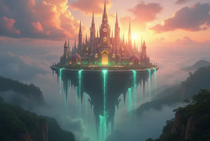 Masterpiece, best quality, 8k, A majestic floating ancient gemstone city at dawn in the sky made of emerald, ruby and sapphire. Waterfalls. Stunning landscape. Cinematic shot. ethereal al high fantasy.