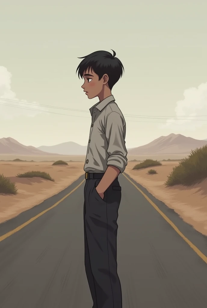  A boy  in a road alone name Saikath  in the back of a formal shirt 