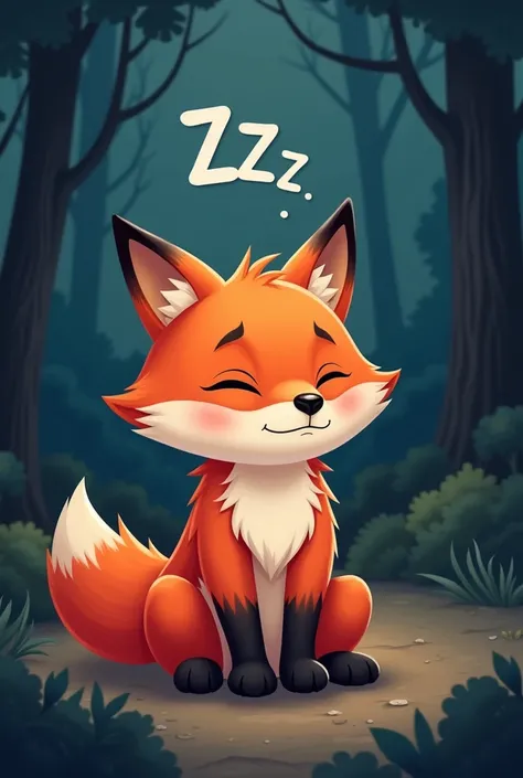 A bright red fox,Get ready to go home and sleep,Expression full of sleepiness,There is a ZZZ symbol on the head,Cute realistic style,Background night forest,Flame Fox