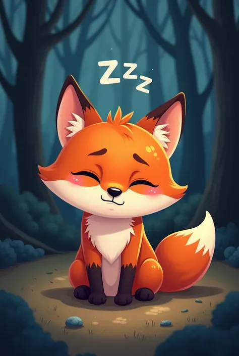 A bright red fox,Get ready to go home and sleep,Expression full of sleepiness,There is a ZZZ symbol on the head,Cute realistic style,Background night forest,Flame Fox