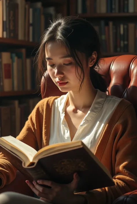 “A young woman sitting in a library, deeply engrossed in a book. The library has tall bookshelves filled with books, soft lighting, and a cozy atmosphere.”