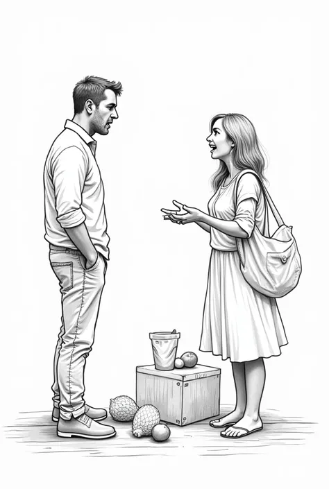 Make an easy black and white drawing to draw, of a man talking and the woman who is collecting things, CLOTHES, food etc to leave , Place their mouths open as if they were talking 