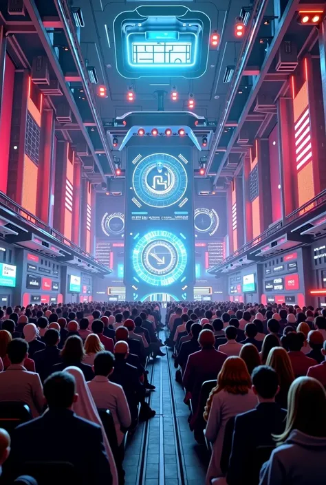 Image that combines urban elements and mixes high-tech tracks, club scenes, modern colorful neon lights, financial conference with big graphs and gears in front of conference room. in the main hall There were more than 200 people in the meeting seated, al ...