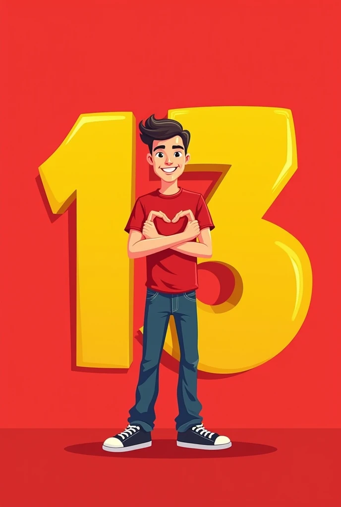 Create a mascot for WhatsApp profile pictures that will symbolize an I.In the colors red and yellow, called 13zinho, which symbolizes a person, a candidate for mayor. The image must represent a young person, be it a man with 13 behind the image, the shirt ...