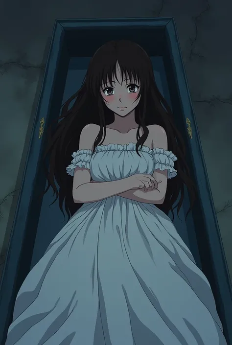 A black-haired girl in a wedding dress was crying and hug the glass coffin, which her girlfriend - a brown-haired girl - was death inside , 90s anime style, both are adult female