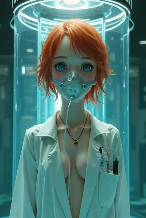 Redhead girl with blue eyes, locked in a water capsule with an oxygen mask. She is covered only by a white coat and has some wires coming out of her chest and arms.. 