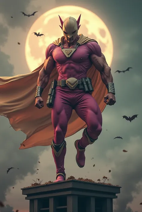 Malaysia man in high-tech suit, vivid effects, malaysian superhero (KELUANG MAN) in a striking pink and beige costume cyberpunk design, mask small mini bat ear beige, daredevil biage mask, jumpsuit dark pink stands confidently in a dramatic.jumping from hi...