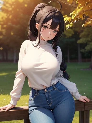 ((masutepiece)), ((Best Quality)), (Ultra-detailed), ((kawaii)), Cute, (lovely), ((Sexy)), (Ero), ((Extremely detailed)), 4K, (8K), Best Quality, (Beautiful), green pasture, Starry sky, Autumn, Pretty women, Solo,summer sweater,Slim Jeans, Beautiful black ...