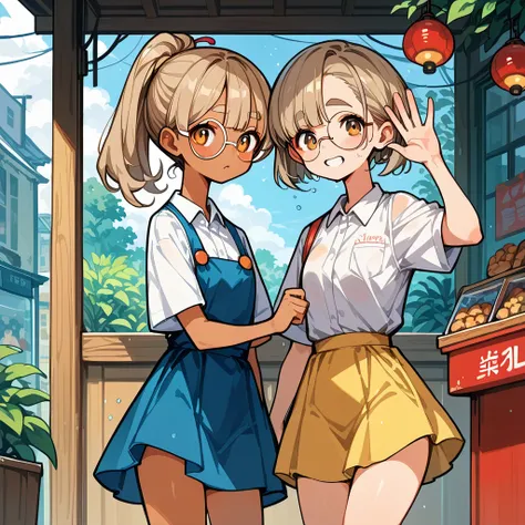 2 girls，pixel style，Beautiful girl game style，Meeting in the rain，girlA,20 years old，Light brown curly double ponytail，big round glasses，apparel，mini skirt，The whole body was soaked by the rain。

girlB,Not wearing glasses，relatively short，apparel3XL純色T恤，No...