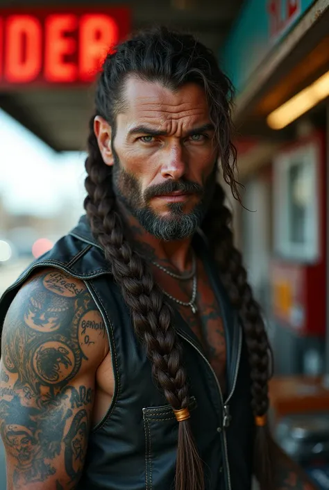 German gas station employee man tattooed and silver eyes and braids





