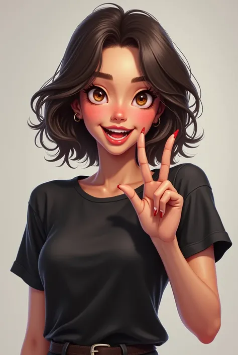 young adult female character doing cool with finger and smiling. The character must be wearing a light black shirt