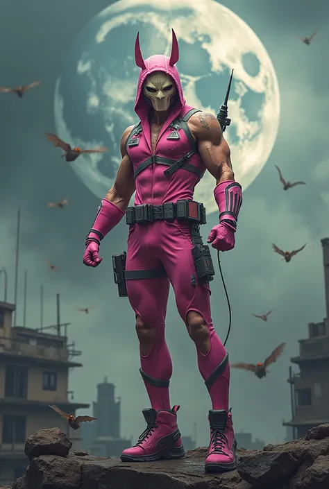 Malaysia man in high-tech suit, vivid effects, malaysian superhero (KELUANG MAN) in a striking pink and beige costume cyberpunk design, mask small mini bat ear beige, daredevil biage mask, jumpsuit dark pink stands confidently in a dramatic.jumping from hi...