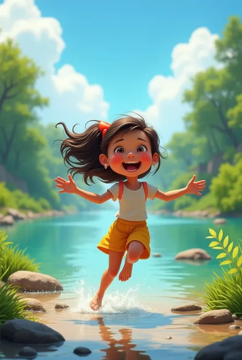 Create an image of a happy girl because her parents took her on a family outing to a river .