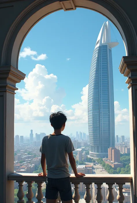 person on a balcony looking at a building