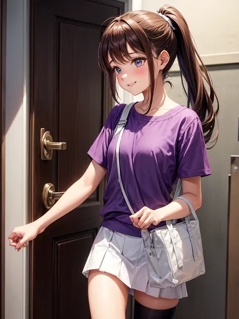 A girl with brown hair and a ponytail, wearing a purple shirt, a short white skirt, carrying a small white bag, with a happy face was waiting for me in front of my room door.