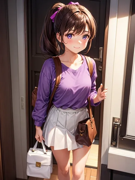 A girl with brown hair and a ponytail, wearing a purple shirt, a short white skirt, carrying a small white bag, with a happy face was waiting for me in front of my room door.